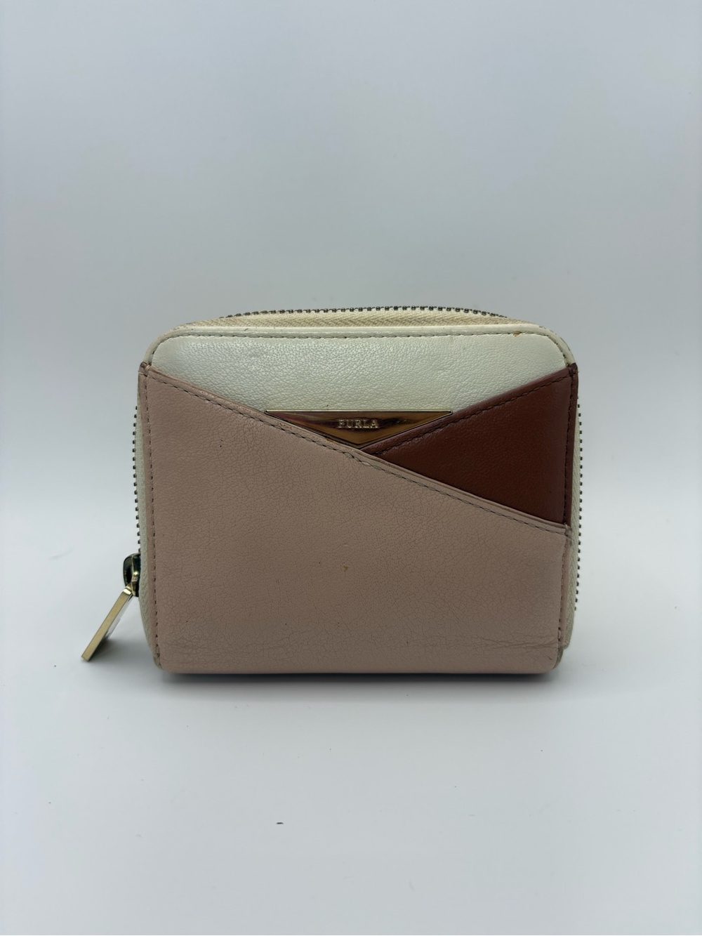 Furla Color Block Zip Around Compact Wallet in Pink, Cream & Brown